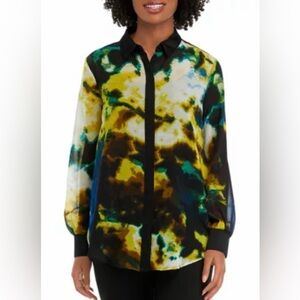 DKNY Blue Yellow Brown Abstract Blouse